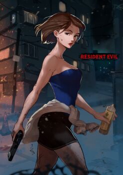 1girl black_skirt blue_tube_top breasts brown_hair cleavage clothes_around_waist copyright_name fumezu1 gun handgun highres holding holding_gun holding_weapon jill_valentine miniskirt resident_evil resident_evil_3:_nemesis signature skirt strapless sweater sweater_around_waist tube_top weapon