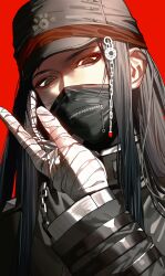 Rule 34 | 1boy, androgynous, arm belt, bad id, bad twitter id, bandaged hand, bandages, belt, black belt, black hair, black hat, black jacket, black mask, black sleeves, chain, chromatic aberration, collared jacket, covered mouth, danganronpa (series), danganronpa v3: killing harmony, grey eyes, hand in own hair, hat, high collar, highres, jacket, layered sleeves, long hair, long sleeves, looking at viewer, male focus, mask, mouth mask, peaked cap, red background, red pupils, shinguji korekiyo, simple background, sokuse kienta, solo, straight hair, thick eyebrows, upper body, zipper, zipper pull tab