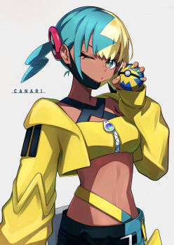 1girl absurdres aqua_hair aqua_nails bandeau blonde_hair blue_eyes breasts canari_(pokemon) character_name cropped_jacket dark-skinned_female dark_skin grey_background hand_up highres holding holding_poke_ball jacket looking_at_viewer mask mask_pull medium_breasts midriff mouth_mask multicolored_hair navel nintendo one_eye_closed pants poke_ball pokemon pokemon_legends:_z-a simple_background solo split-color_hair stomach twintails two-tone_pants yellow_bandeau yellow_jacket yellow_nails yoiyoivesper zipper_pull_tab