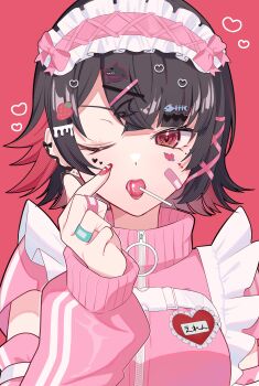 1girl absurdres armband arrow_through_heart bandaid bandaid_on_face bandaid_on_finger bandaid_on_hand black_hair bow candy chest_belt colored_inner_hair detached_sleeves ear_piercing earrings ellen_joe finger_heart food hair_ornament hairclip hairpin headband heart heart_print highres jacket jewelry lapel_pin lollipop lollipop_in_mouth looking_at_viewer maid maid_headdress mole mole_under_eye multicolored_hair multiple_hair_clips multiple_hairpins nail_polish one_eye_closed open_mouth piercing pink_bow pink_headband pink_jacket pink_sleeves puffy_sleeves red_background red_eyes red_nails ruaruayana shark_girl short_hair solo upper_body zenless_zone_zero