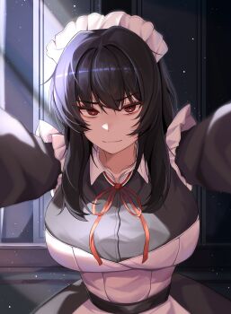 1girl absurdres black_hair breasts closed_mouth collarbone collared_dress commentary_request commission dress frilled_dress frilled_headwear frills grey_dress hair_intakes highres indoors korean_commentary large_breasts light_particles long_hair looking_at_viewer maid maid_headdress mountain_range_(treerootbeard) neck_ribbon orange_ribbon original outstretched_arms reaching reaching_towards_viewer red_eyes ribbon sidelocks slit_pupils smile solo standing white_headdress