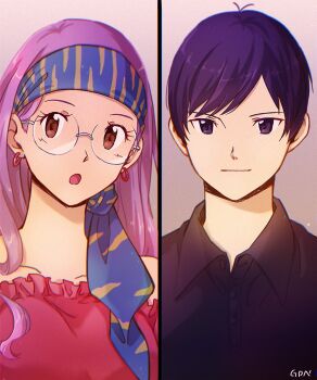 1boy 1girl :o antenna_hair bandana black_shirt blue_bandana brown_eyes closed_mouth collarbone collared_shirt digimon digimon_adventure_02 earrings gdn0522 glasses highres ichijouji_ken inoue_miyako jewelry long_hair looking_at_viewer open_mouth portrait purple_eyes purple_hair red_shirt rimless_eyewear shirt short_hair split_screen wing_collar