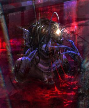 1boy :d anglerfish_boy black_hair blood blood_from_forehead blue_eyes catnip_cataria close-up distortion extra_eyes fingernails fins glitch glitch_art grin hands_up hashtag-only_commentary head_fins highres horror_(theme) long_fingernails male_focus open_mouth partially_submerged pool_of_blood pressure_(roblox) scarf sebastian_solace sharp_teeth short_hair smile solo teeth upper_body