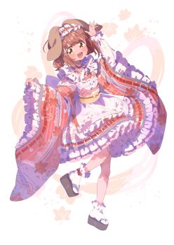 Rule 34 | 1girl, :d, absurdres, animal ears, arm up, black sandals, blush, brown hair, character request, commentary request, dog ears, dog girl, floppy ears, frilled hairband, frilled kimono, frilled sleeves, frills, full body, hairband, hand up, highres, japanese clothes, kemonomimi mode, kimono, long sleeves, looking at viewer, magia record: mahou shoujo madoka magica gaiden, mahou shoujo madoka magica, obi, okobo, open mouth, platform sandals, red kimono, sandals, sash, serizawa serizane, short hair, smile, socks, solo, standing, standing on one leg, tabi, white socks, wide sleeves, yellow eyes, yellow sash