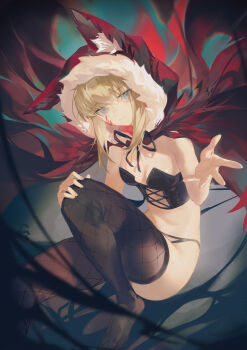 1girl absurdres animal_ears bare_shoulders black_panties black_souls black_souls_2 black_thighhighs blonde_hair blood blood_on_face blue_eyes breasts bustier cape cleavage closed_mouth commentary corset cross-laced_clothes fishnet_thighhighs fishnets fur_trim hand_on_own_knee highres hood hood_up hooded_cape looking_at_viewer mei_gushi_de_shen_yue outstretched_hand panties reaching reaching_towards_viewer red_hood_(black_souls) sidelocks small_breasts smile solo thighhighs underwear