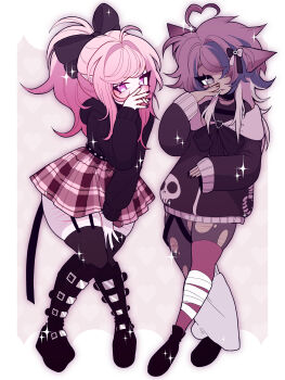 2girls @_@ absurdres animal_ears baggy_clothes bandaged_leg bandages boots bow cigarette commission dreamalgia full_body hair_bow heart highres holding holding_cigarette hood hoodie jirai_kei multiple_girls original pale_skin pantyhose pastel_goth perky_goth ponytail scar self-harm_scar shoes smoking standing thighhighs torn_clothes torn_pantyhose