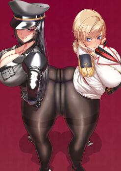 2girls arms_under_breasts ass ass-to-ass ass_press black_choker black_gloves black_hair black_hat black_jacket black_pantyhose blonde_hair blue_eyes breasts butt_crack character_request choker cleavage commission epaulettes from_above from_side gloves hair_tie hands_on_own_hips hat high_heels huge_ass huge_breasts jacket kandata_nijou lips long_hair low_ponytail medium_hair military_hat military_uniform multiple_girls necktie pantyhose pink_eyes ponytail red_background red_necktie skeb_commission smile standing thick_thighs thighs white_jacket