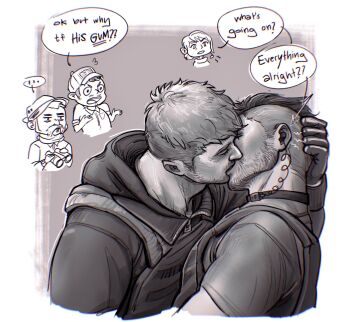 1girl 4boys bara beard_stubble call_of_duty call_of_duty:_modern_warfare_2 captain_price chibi chibi_inset couple cropped_torso facial_hair french_kiss from_side ghost_(modern_warfare_2) greyscale_with_colored_background highres kiss male_focus mature_male multiple_boys muscular muscular_male no_mask profile shell_(fludderpy) short_hair soap_(modern_warfare_2) sparse_stubble spot_color standing stubble yaoi