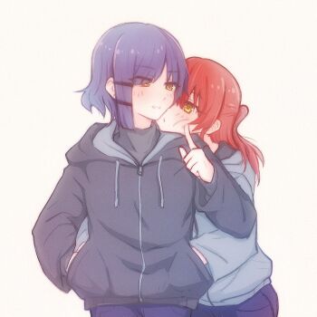 2girls behind_another black_jacket blue_hair blush bocchi_the_rock! finger_to_another&#039;s_face hair_ornament hand_in_another&#039;s_pocket hands_in_another&#039;s_pockets head_on_another&#039;s_shoulder highres hood hoodie hug hug_from_behind jacket kita_ikuyo long_sleeves looking_at_another medium_hair mole mole_under_eye multiple_girls one_side_up pocket red_hair shared_pocket short_hair white_background yakaze_(yakaze1604) yamada_ryo yellow_eyes yuri