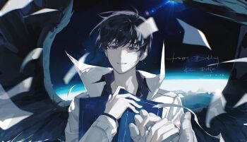 1boy 1other :d astronaut atmospheric_layer black_eyes black_hair black_shirt book close-up coat collared_shirt falling_paper grin happy_birthday head_tilt highres holding holding_book holding_hands hugging_object kim_dokja lens_flare looking_at_viewer male_focus omniscient_reader&#039;s_viewpoint open_clothes open_coat open_mouth popped_collar pov pov_hands shirt short_hair smile space twle upper_body white_coat yoo_joonghyuk