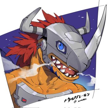 Rule 34 | blue background, blue eyes, breath, cyborg, digimon, digimon (creature), dinosaur, helmet, highres, horns, metalgreymon, nomiyaria, red hair, sharp teeth, simple background, solo, teeth, twitter username, upper body, white background