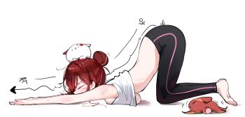 1girl absurdres akane_lize arrow_(symbol) barefoot black_leggings breast_press breasts closed_eyes clothes_lift commentary_request creature exercising from_side full_body hair_bun highres korean_commentary large_breasts leggings mole mole_under_eye motion_lines multicolored_hair pienna_(akane_lize) red_hair shirt shirt_lift sideboob simple_background single_hair_bun sleeveless sleeveless_shirt solo stellive streaked_hair sweat top-down_bottom-up virtual_youtuber white_background white_shirt yeomhwauranyum