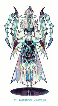 blue_necktie blue_skin buttons colored_skin covered_eyes double-breasted extra_eyes hair_over_eyes highres horns jacket long_sleeves monster necktie no_feet original pigeon666 praying_mantis seven_deadly_sins simple_background solo white_background white_hair white_jacket