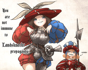 2girls annoyed armor blue_coif blue_eyes boobplate breastplate breasts brown_hair chaperon_hat codpiece coif cuisses english_text faulds grimace halberd hat hat_feather highres holding holding_polearm holding_weapon ironlily katzbalger landsknecht landsknecht_(ironlily) large_breasts long_sleeves long_sword looking_at_viewer medium_hair meme multiple_girls novelty_codpiece original polearm puff_and_slash_shorts puff_and_slash_sleeves puffy_long_sleeves puffy_sleeves reislaeufer_(ironlily) renaissance_clothes smile sword tassets weapon you_are_not_immune_to_propaganda_(meme)