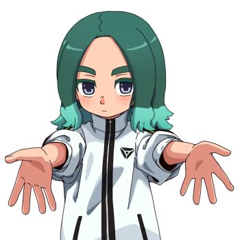 1boy aqua_hair bad_tag blue_eyes inazuma_eleven_(series) inazuma_eleven_victory_road jacket looking_at_viewer medium_hair multicolored_hair outstretched_arms ricenicenice sasanami_unmei simple_background solo two-tone_hair upper_body white_background white_jacket