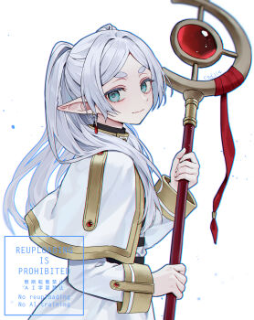 1girl artist_name blue_eyes capelet closed_mouth commentary ctd_114 earrings elf frieren grey_hair hair_intakes highres holding holding_staff jewelry long_hair long_sleeves looking_at_viewer mage_staff parted_bangs pointy_ears shirt sidelocks simple_background skirt smile solo sousou_no_frieren staff teardrop_earrings thick_eyebrows twintails upper_body watermark white_background white_capelet white_shirt white_skirt