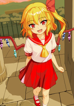 1girl alternate_costume ascot blonde_hair fang flandre_scarlet hair_ribbon highres looking_at_viewer mist9801km no_headwear one_side_up open_mouth red_eyes red_skirt ribbon school_uniform serafuku shoes short_hair short_sleeves side_ponytail skirt smile solo touhou wings yellow_ascot