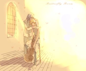 Rule 34 | 2boys, alternate costume, blonde hair, bug, butterfly, cello, commentary, english commentary, english text, expressionless, full body, grey hair, grey jacket, grey pants, grey shirt, hand on another's chin, hand on another's head, holding, holding instrument, hug, illbewaiting, indoors, insect, instrument, jacket, kingdom hearts, kissing head, light rays, looking to the side, male focus, medium hair, multiple boys, no shoes, on stool, pants, riku (kingdom hearts), roxas, shadow, shirt, short hair, sitting, sketch, sleevleless shirt, socks, spiked hair, stool, sunbeam, sunlight, twilight, window, yaoi, yellow theme