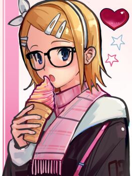 1girl blonde_hair blue_eyes bow_hairband commentary food hair_ornament hairband hairclip hashtag-only_commentary heart highres holding holding_food holding_ice_cream holding_ice_cream_cone hood hood_down hooded_jacket ice_cream ice_cream_cone jacket kagamine_rin long_sleeves open_mouth plaid_clothes plaid_scarf portrait scarf short_hair solo star_(symbol) vocaloid zalupk228