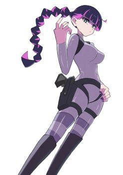 1girl bodysuit braid cosplay highres holster labo81872874 lara_croft lara_croft_(cosplay) looking_at_viewer multicolored_hair nail_polish panty_&amp;_stocking_with_garterbelt purple_hair solo_focus stocking_(psg) striped_clothes striped_leggings striped_thighhighs thigh_holster thighhighs tomb_raider