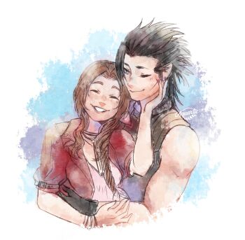 1boy 1girl aerith_gainsborough aquaxtic artist_name bare_shoulders black_gloves black_hair blush bracelet brown_hair choker closed_eyes closed_mouth commentary couple crisis_core:_final_fantasy_vii cross_scar dress drill_hair drill_sidelocks english_commentary facial_scar final_fantasy final_fantasy_vii final_fantasy_vii_remake gloves grin hair_ribbon hand_on_another's_cheek hand_on_another's_face hetero highres hug jacket jewelry long_hair looking_at_another one_eye_closed open_clothes open_jacket parted_bangs parted_lips pink_dress pink_ribbon red_jacket ribbon scar scar_on_cheek scar_on_face sidelocks sleeveless sleeveless_turtleneck smile spiked_hair sweater turtleneck turtleneck_sweater upper_body zack_fair