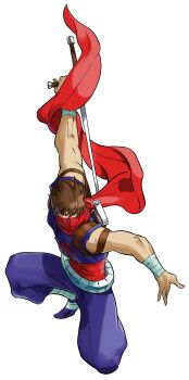 Rule 34 | 1990s (style), 1998, 1boy, absurdres, bengus, bladed tonfa, brown eyes, brown hair, capcom, fighting stance, game cg, highres, male focus, marvel, marvel vs. capcom, marvel vs. capcom 1, mask, mouth mask, ninja, non-web source, official art, red mask, red scarf, retro artstyle, scarf, short hair, solo, strider (game), strider hiryuu, tonfa, weapon, wrist wrap