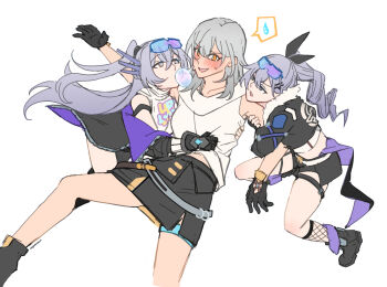 3girls black_jacket black_shorts black_skirt blush chewing_gum clothes_grab drill_hair drill_ponytail dual_persona eyewear_on_head grabbing_another's_arm grabbing_another's_shirt gradient_hair grey_hair highres hinagi_(fox_priest) honkai:_star_rail honkai_(series) jacket long_hair multicolored_hair multiple_girls shorts silver_wolf_(elation)_(honkai:_star_rail) silver_wolf_(honkai:_star_rail) skirt stelle_(honkai:_star_rail) sweatdrop trailblazer_(honkai:_star_rail) yellow_eyes yuri