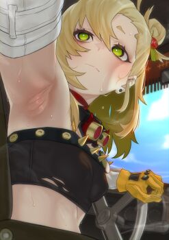 Rule 34 | 1girl, armpit focus, armpits, blonde hair, blue sky, car seat, cloud, crop top, dashboard, earrings, elbow gloves, gloves, goggles, goggles around neck, green eyes, haishima xv, highres, jewelry, looking up, piper wheel, rear-view mirror, sky, sleeveless, solo, steering wheel, sweat, upper body, yellow gloves, zenless zone zero