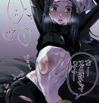 ! !! ... ...! 1boy 1girl ^^^ akari_(pokemon) arched_back arm_out_of_sleeve arms_up black_shirt blush bruise bruise_on_stomach clothes_lift cuts dirty dirty_clothes dirty_face facing_another furrowed_brow gradient_background grey_eyes hand_on_another&#039;s_stomach headscarf heavy_breathing highres injury leggings long_sidelocks long_sleeves midriff midriff_peek mita_(itijitekinammm) nintendo open_mouth outdoors pokemon pokemon_legends:_arceus restrained scratches sexually_suggestive shirt shirt_lift sidelocks solo_focus speech_bubble spoken_ellipsis spoken_exclamation_mark surprised sweatdrop torn_clothes torn_leggings translated volo_(pokemon) white_headscarf