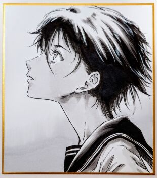 1girl commentary_request expressionless from_side greyscale looking_up makomako1061 monochrome original parted_lips photo_(medium) portrait profile sailor_collar shikishi short_hair solo traditional_media very_short_hair