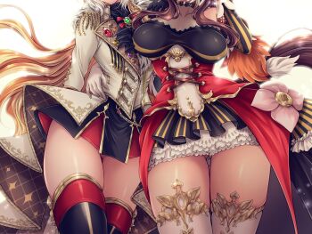 2girls ascot black_ascot black_thighhighs blue_gem breasts brown_hair brown_tail commentary_request corset dress dress_flower flower frilled_dress frills gem gentildonna_(regina_dei_fiori)_(umamusume) gentildonna_(umamusume) gloves gluteal_fold gold_embroidery gold_trim green_gem head_out_of_frame highres horse_girl horse_tail large_breasts long_hair miru_(mill_36) multiple_girls orange_hair orfevre_(control)_(umamusume) orfevre_(umamusume) pink_flower red_corset red_gem see-through_clothes simple_background tail thick_thighs thighhighs thighs umamusume very_long_hair white_background white_gloves white_thighhighs yellow_gem