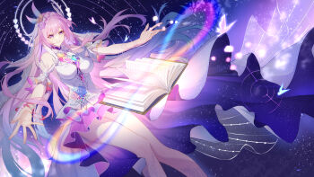 1girl 5plus absurdres bare_shoulders book breasts commentary_request cyrene_(honkai:_star_rail) cyrene_(ripples_of_past_reverie)_(honkai:_star_rail) dress feet_out_of_frame flower gradient_hair hair_flower hair_ornament highres honkai:_star_rail honkai_(series) large_breasts long_hair looking_at_viewer multicolored_hair open_book outstretched_arms parted_lips pink_flower pink_hair pink_rose purple_eyes rose smile solo very_long_hair white_dress