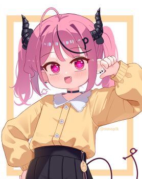 1girl ahoge black_skirt choker commentary commission english_commentary fang hand_on_own_hip highres horns long_sleeves looking_at_viewer original paid_reward_available pink_eyes pink_hair pleated_skirt puffy_long_sleeves puffy_sleeves shirt skirt smile solo sseopik tail twintails