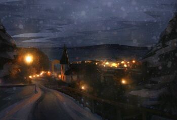 bridge city_lights cloud cloudy_sky dark_cloud mountainous_horizon no_humans ocean original outdoors railing scenery signature sky tree village zandra