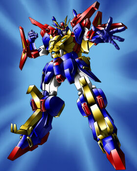 absurdres blue_background clenched_hand fangs full_body glowing glowing_eyes gundam gundam_build_fighters gundam_build_fighters_try gundam_tryon_3 hand_up highres legs_apart looking_at_viewer machinery mecha mecha_focus no_humans open_hand outstretched_arm revision robot simple_background solo spread_fingers super_robot yellow_eyes yu_(artist)