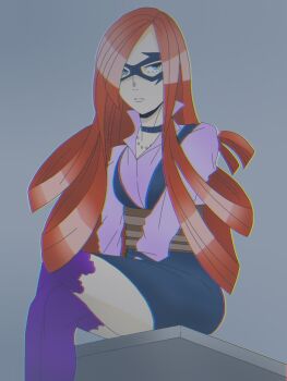 1girl absurdres arms_between_legs artist_request asymmetrical_bangs black_choker blouse blue_eyes boku_no_hero_academia breasts choker collared_shirt corset crease crossed_legs domino_mask eye_mask eyelashes female_focus frown hair_over_one_eye highres impossible_hair jewelry lips long_hair long_sleeves looking_to_the_side mask medium_breasts miniskirt necklace orange_hair pearl_necklace purple_shirt purple_thighhighs scan serious shirt sidelocks sitting skirt slice_(boku_no_hero_academia) thighhighs thighs tight_clothes v_arms very_long_hair