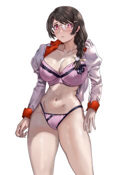 Rule 34 | 1girl, absurdres, bakemonogatari, black hair, bra, breasts, cat hair ornament, cleavage, collarbone, collared shirt, firstdayiyui, glasses, hair ornament, hair over shoulder, hanekawa tsubasa, highres, huge breasts, long braid, long hair, long sleeves, looking at viewer, monogatari (series), naoetsu high school uniform, navel, open clothes, open shirt, panties, parted lips, pink shirt, purple bra, purple eyes, purple panties, school uniform, shirt, simple background, solo, standing, string panties, thighs, toned, underwear, white background