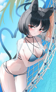 1girl absurdres bikini black_choker black_eyes black_hair blue_archive blue_bikini blue_halo blue_sky blunt_ends blush bob_cut book breasts bright_pupils choker cleavage closed_mouth cloud collarbone commentary cowboy_shot criss-cross_halter day dutch_angle eyelashes eyeshadow frown hair_between_eyes halo halterneck hammock heart_tail_duo highres kikyou_(blue_archive) kikyou_(swimsuit)_(blue_archive) large_breasts looking_at_viewer lunar_(pixiv53683306) lying makeup multi-strapped_bikini_bottom multi-strapped_bikini_top multiple_tails navel ocean official_alternate_costume on_hammock on_side outdoors red_eyeshadow short_hair side-tie_bikini_bottom sky solo split_mouth stomach sweatdrop swimsuit tail tail_raised thigh_gap tsurime two_tails wet white_pupils
