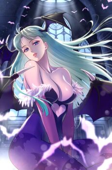 1girl animal_print bare_shoulders bat_(animal) bat_print black_leotard breasts capcom cleavage clothing_cutout collarbone darkstalkers demon_girl demon_wings green_hair head_wings heart_cutout highres large_breasts leotard long_hair looking_at_viewer morrigan_aensland pantyhose purple_eyes purple_pantyhose rf-yuki solo strapless strapless_leotard wings