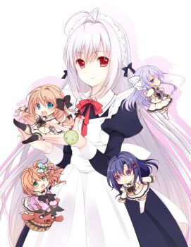 1boy 4girls antenna_hair blonde_hair blue_eyes bow braid chibi est_gealach_arnotts gatakenjin ginjou_haruko green_eyes hair_bow highres kokura_asahi light_purple_hair long_hair maid maid_headdress multiple_girls needle ookura_lumine orange_hair pincushion purple_eyes purple_hair red_eyes sakurakouji_saika school_uniform silver_hair star_(symbol) thighhighs trap tsuki_ni_yorisou_otome_no_sahou tsuki_ni_yorisou_otome_no_sahou_2 youkadou_sakuri zettai_ryouiki