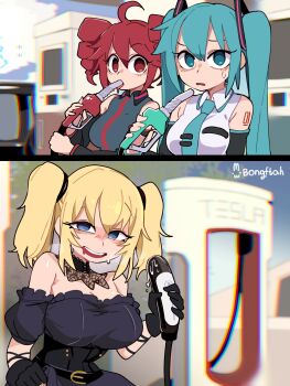 3girls absurdres ahoge ai-generated_art_(topic) ani_(xai) aqua_eyes aqua_hair bare_shoulders belt blue_eyes blush bongftah breasts crossover detached_sleeves dildo dress gas_pump gas_station gloves goth_fashion gothic_lolita grok_(xai) hatsune_miku highres huge_breasts improvised_dildo kasane_teto large_breasts lolita_fashion multiple_girls necktie open_mouth red_eyes red_hair saliva sex_toy sexually_suggestive smile sweatdrop tesla_(company) twintails vocaloid