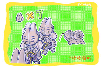5others alonne_knight alonne_knight_captain ambiguous_gender armor armored_boots artist_name boots border bound bound_wrists breastplate chinese_text crossed_bandaids dark_souls_(series) dark_souls_ii full_armor full_body gauntlets green_background helm helmet kanon_(rsl) knight multiple_others pauldrons polka_dot polka_dot_background shoulder_armor translation_request walking white_border