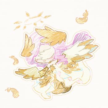 1girl absurdly_long_hair bare_shoulders bird_wings cat_princess chibi chinese_commentary choker closed_mouth commentary_request covered_eyes crayon_(medium) crimson_feather_(infinity_nikki) dress elbow_gloves faux_traditional_media feather-trimmed_dress feathered_wings feathers floating_hair gloves gown hair_ornament halo infinity_nikki light_blush long_dress long_hair long_sidelocks nikki_(series) offering_hand official_alternate_color outline outstretched_hand pink_hair sidelocks smile solo spiked_halo spread_wings strapless strapless_dress striped_background traditional_media two-tone_dress two-tone_wings very_long_hair wavy_hair white_background white_dress white_outline white_wings wing_hair_ornament wings yellow_choker yellow_dress yellow_gloves yellow_halo yellow_wings