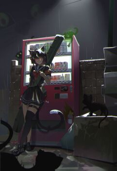 1girl animal animal_ears arm_behind_back armband bakeneko bandaid bandaid_on_face bigchaping black_cat black_hair black_serafuku black_thighhighs brick_wall cat cat_ears cat_girl cat_tail charm_(object) commentary contrast crossed_legs dumpster facing_viewer ghost glowing glowing_eyes highres lamppost leaning_on_object looking_at_viewer multiple_cats night original puddle rain red_armband school_uniform serafuku shadow short_hair shoulder_strap single_thighhigh suburb tail thigh_strap thighhighs trash_bag urban vending_machine weapon_case wet whiskers wide_shot