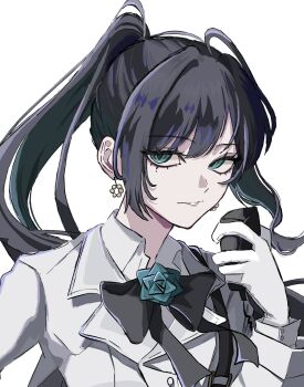 Rule 34 | 1girl, ado (utaite), black bow, black bowtie, black hair, blue eyes, bow, bowtie, chando (ado), commentary, english commentary, gloves, hashtag-only commentary, highres, holding, holding microphone, jacket, long hair, maro 1024, microphone, mole, mole under eye, parted lips, simple background, solo, utaite, white background, white gloves, white jacket