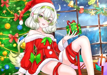 Rule 34 | 1girl, absurdres, amane kocha, animal ears, bare shoulders, bell, christmas, christmas tree, commentary, dress, ferret ears, ferret girl, gift, gift wrapping, green eyes, green hair, green ribbon, green tail, hat, highres, indie virtual youtuber, laimu (vtuber), legs, multicolored hair, open mouth, red dress, ribbon, santa hat, shirt, short dress, sitting, smile, snow, star (sky), star (symbol), tail, thighs, tree, twintails, two-tone hair, virtual youtuber, white shirt, window