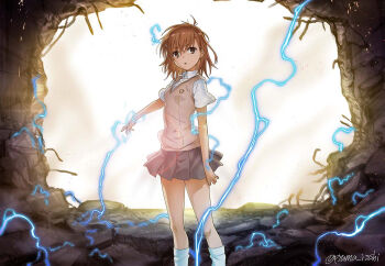 1girl action brown_eyes brown_hair destruction dress_shirt electricity electrokinesis fantasy feet_out_of_frame glowing grey_skirt hair_between_eyes hole isshi_pyuma looking_at_viewer loose_socks misaka_mikoto pleated_skirt psychic rebar school_uniform science_fiction shirt short_hair skirt socks solo standing sweater_vest toaru_kagaku_no_railgun toaru_majutsu_no_index tokiwadai_school_uniform white_legwear white_shirt