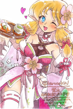1girl adversarial_noise bare_shoulders black_sash blonde_hair blue_eyes blush breasts cleavage commentary cosplay dango detached_sleeves elf floral_print food hand_on_own_hip harunok121 heart highres holding holding_tray japanese_clothes kimono long_sleeves margaret_(rune_factory) one_eye_closed pink_kimono pointy_ears rune_factory rune_factory:_guardians_of_azuma rune_factory_4 sanshoku_dango sash see-through_cleavage see-through_clothes short_kimono solo thighhighs tray twitter_username ulalaka ulalaka_(cosplay) wagashi white_thighhighs zettai_ryouiki