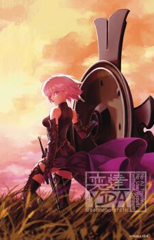 Rule 34 | 1girl, arm guards, armor, bare shoulders, bob cut, breastplate, breasts, cape, collar, cowboy shot, detached sleeves, elbow gloves, fate/grand order, fate (series), field, gloves, grass, hair over one eye, highres, holding, holding shield, knee guards, looking at viewer, looking back, mash kyrielight, medium breasts, parted lips, purple cape, purple eyes, purple hair, salmonofarctic, scabbard, sheath, sheathed, shield, short hair, sky, solo, standing, stepping, thigh strap, two-tone gloves, waist cape