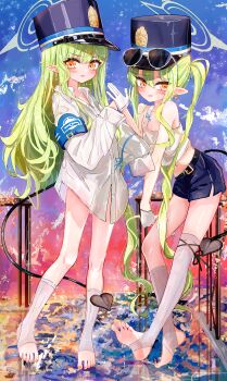 Rule 34 | 2girls, a1u, absurdres, alternate costume, armband, blue archive, blue armband, blue hat, blue shorts, commentary, demon girl, demon tail, earrings, eyewear on headwear, gloves, green hair, green halo, half gloves, halo, hat, highres, hikari (blue archive), jewelry, long hair, long sleeves, looking at viewer, md5 mismatch, multiple girls, navel, no shoes, nozomi (blue archive), open mouth, peaked cap, pointy ears, shirt, short shorts, shorts, single earring, socks, stirrup legwear, sunglasses, tail, tank top, thighhighs, toeless legwear, toes, twintails, very long hair, white-framed eyewear, white gloves, white shirt, white socks, white tank top, white thighhighs